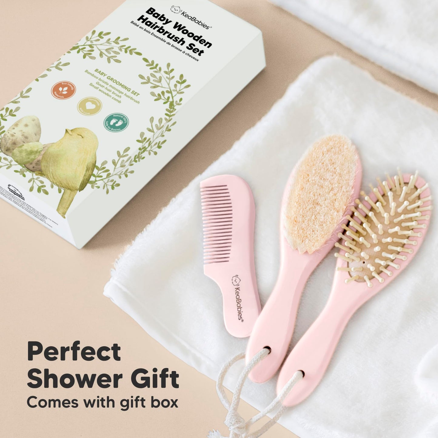 Baby Hair Brush and Comb Set for Newborn - Wooden Baby Hair Brush Set with Soft Goat Bristle, Baby Brush Set for Newborns, Baby Brush and Comb Set Girl, Boy, Toddler Cradle Cap Brush (Oval, Blush)