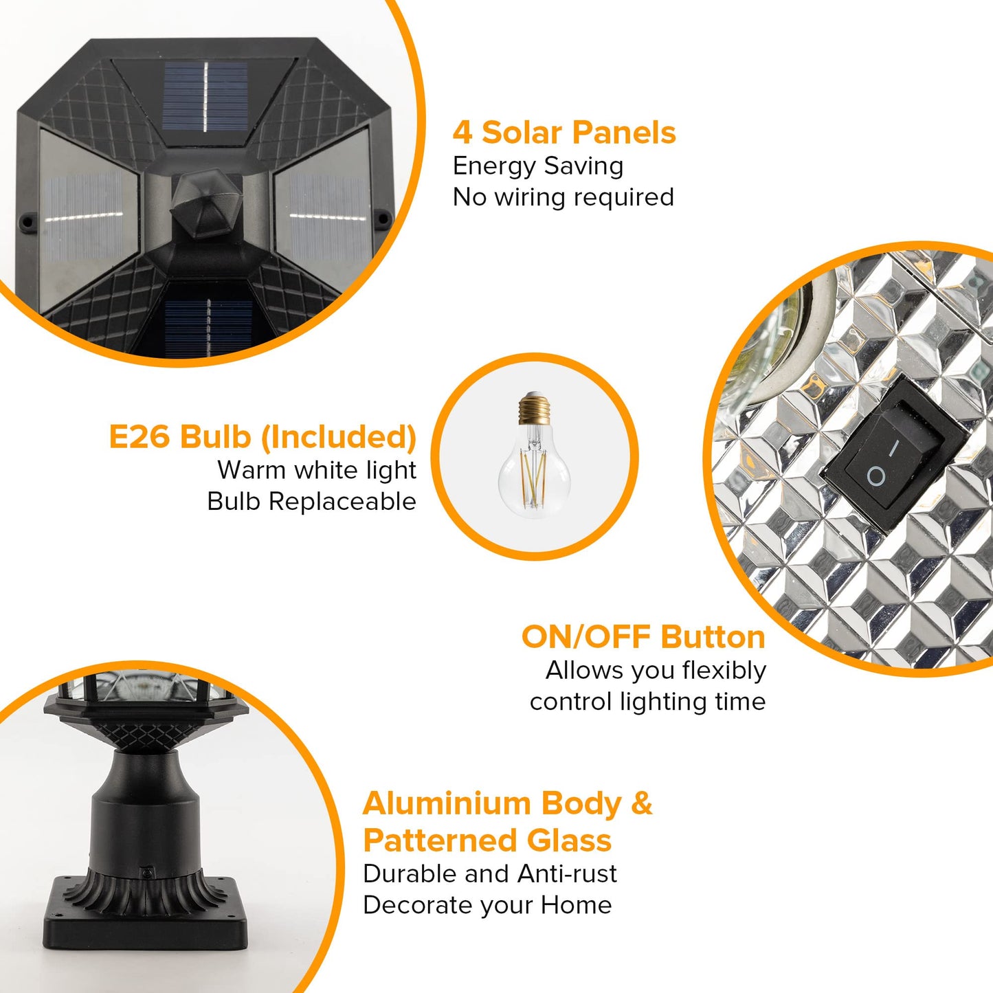 LUTEC Outdoor Solar Lamp Post Light with Pier Mount Base, Dusk to Dawn Waterproof Pole Light Head, Exterior Black Solar Powered Fence Post Light Fixtures for Outside