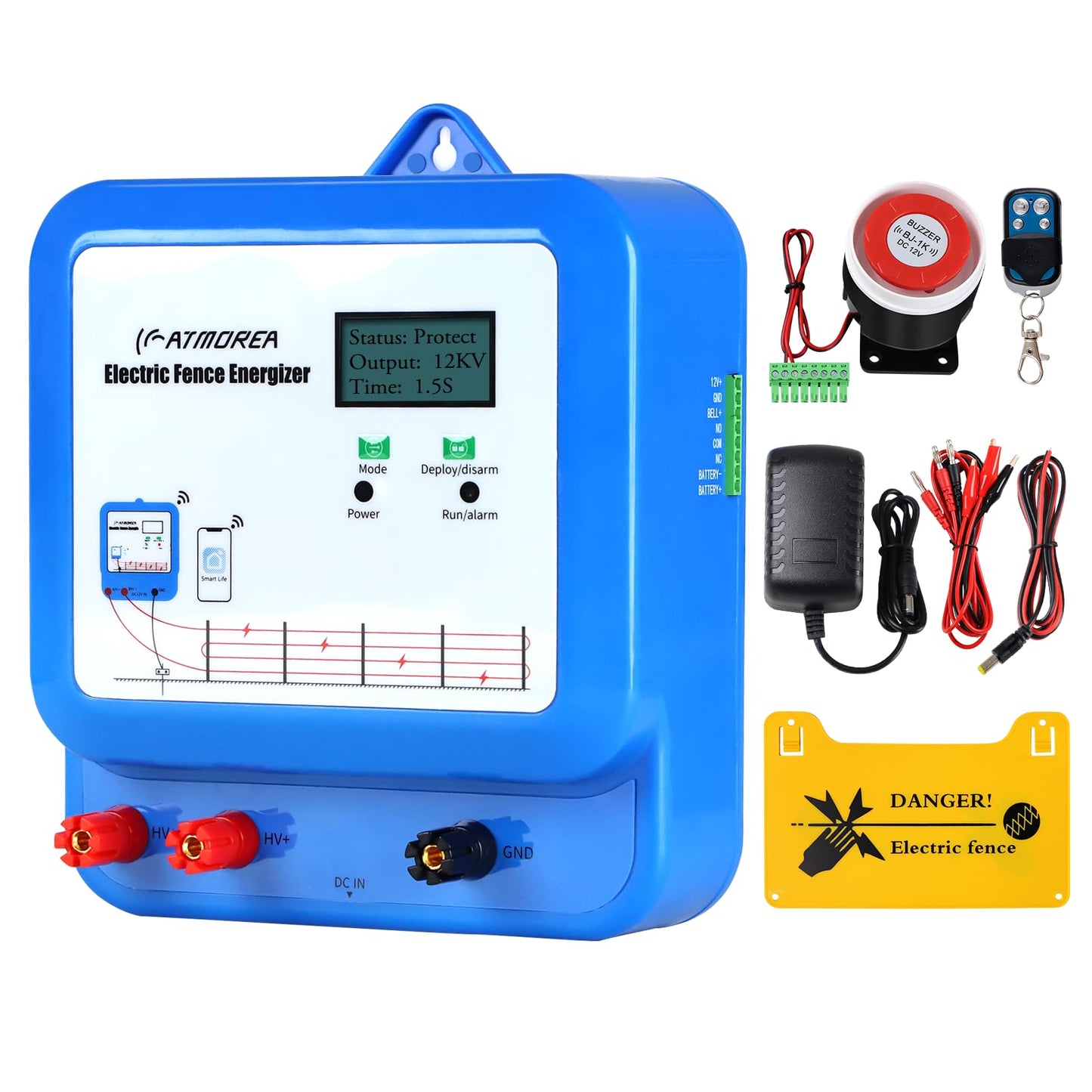 ATMOREA Smart Electric Fence Charger with Dual Alarm - 1.5/2 / 3 Joules Adjustable Energizer for Mobile Devices and Remote Control - Ideal for Poultry, Livestock, Gardens and Yards Safety