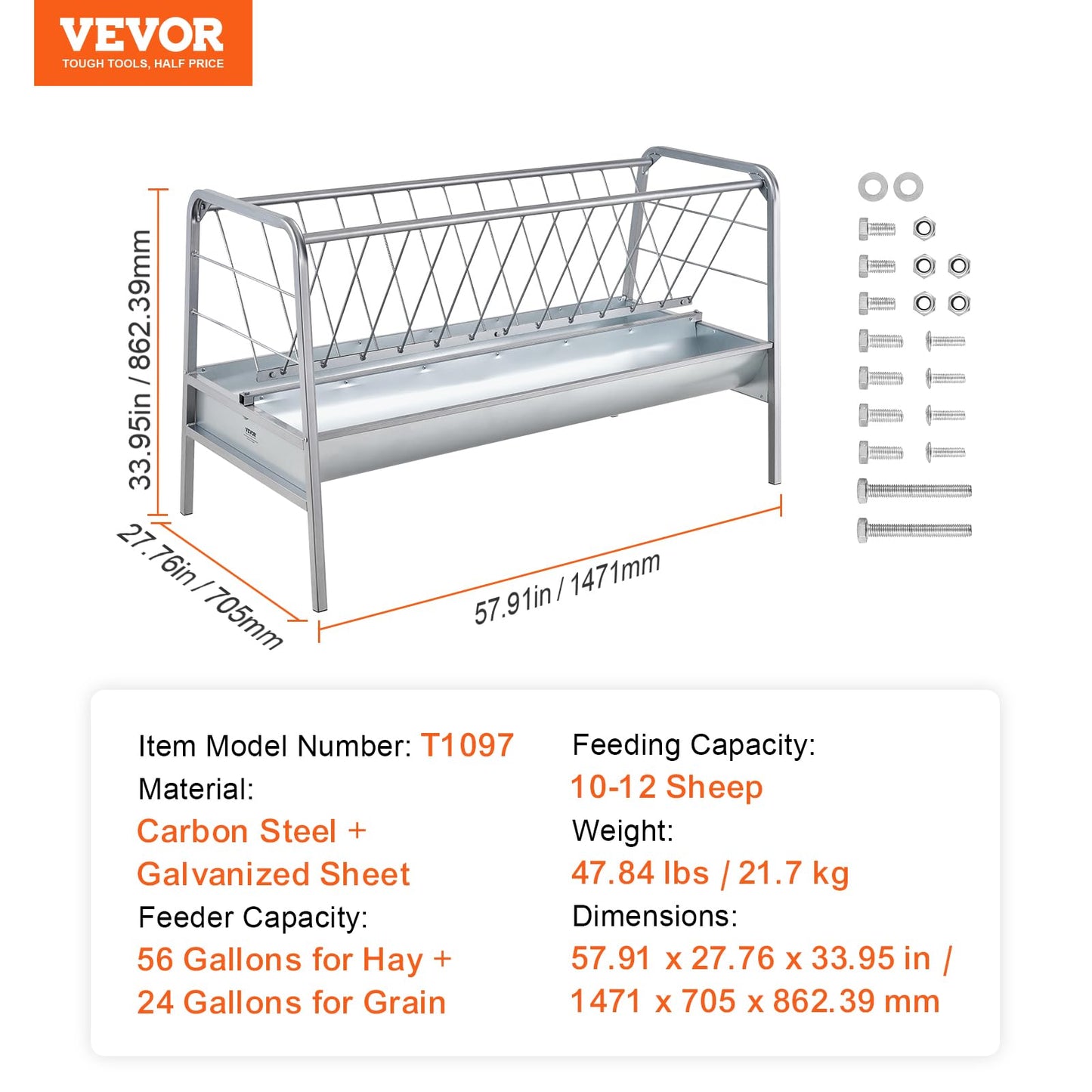 VEVOR 2 in 1 Livestock Hay Feeder, 80-Gallon Capacity, 59" Long Goat Hay Feeder with Deeper Feeding Pan, Heavy Duty Steel for Sheep Farms Sheds