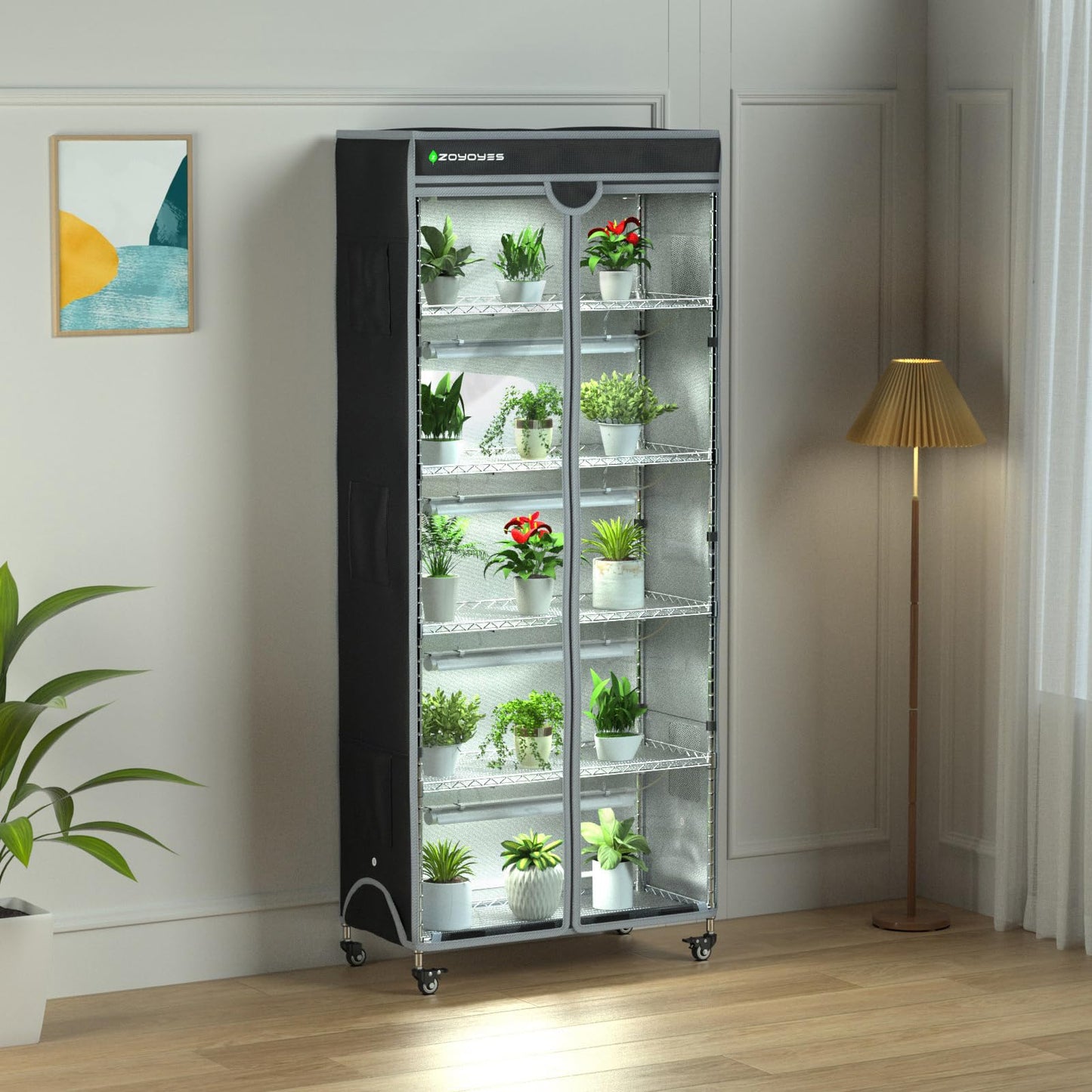 ZOYOYES Plant Greenhouse 6-Tiered Heavy Duty Metal Growth Shelf with 5 Sets T8 Grow Light Rack Cover Thermometer Timer for Seedling Cultivation Reproduction Flowering,30" LX14 WX72 H