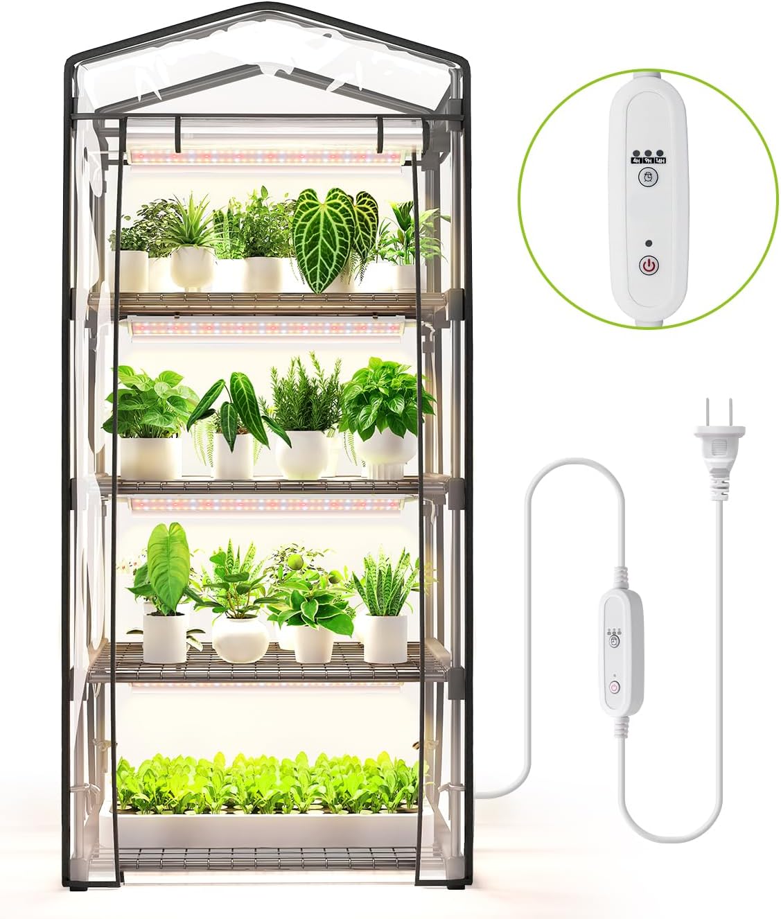 SpeePlant Mini Indoor Greenhouse with Grow Light - 4 Tier Outdoor Portable Greenhouse with Shelves, Waterproof PVC Cover and 4 Dimmable 1.6FT 20W Grow Lights, 26.4"(L) X 19"(W) X 61"(H)