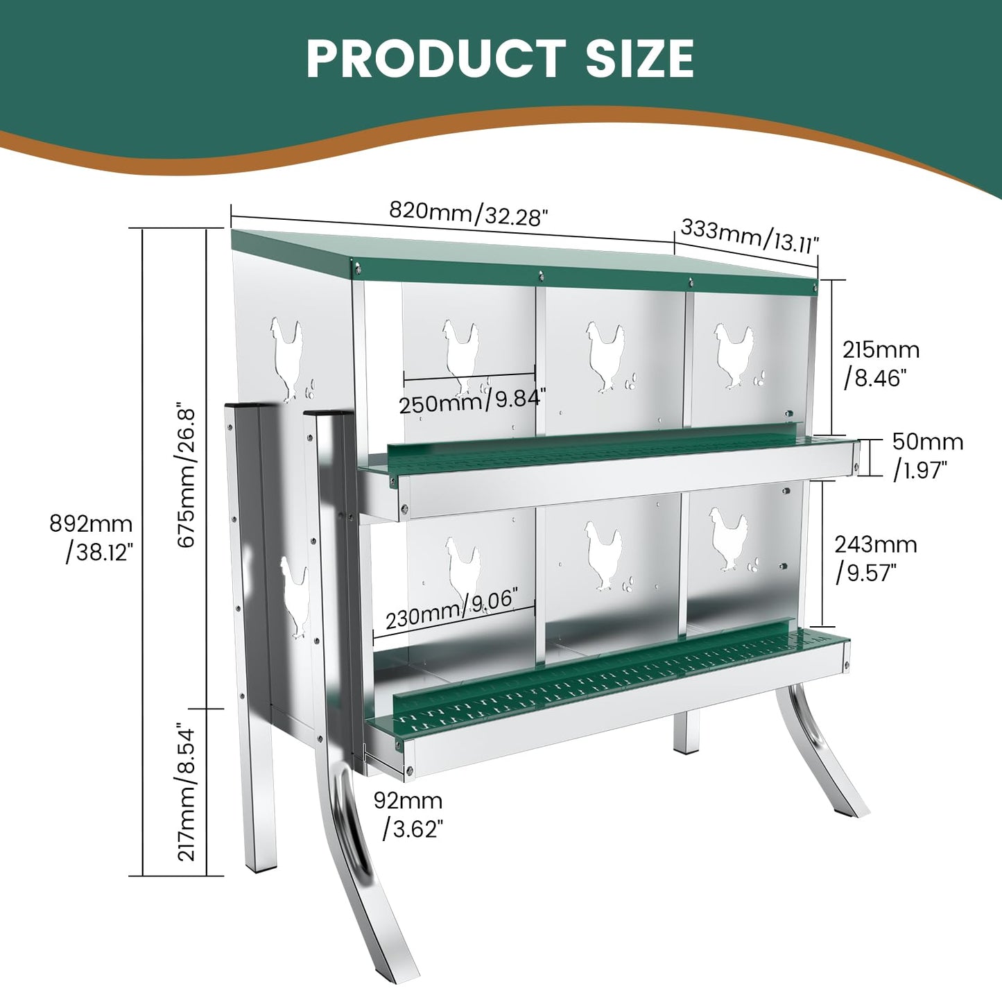 POWLAB 6 Compartment Chicken Nesting Box with Elevated Metal Legs - Heavy Duty Roll Away Egg Collection, Secure Lid & Perch - Versatile Wall Mount or Free Standing Design for Chickens, Hens, Ducks