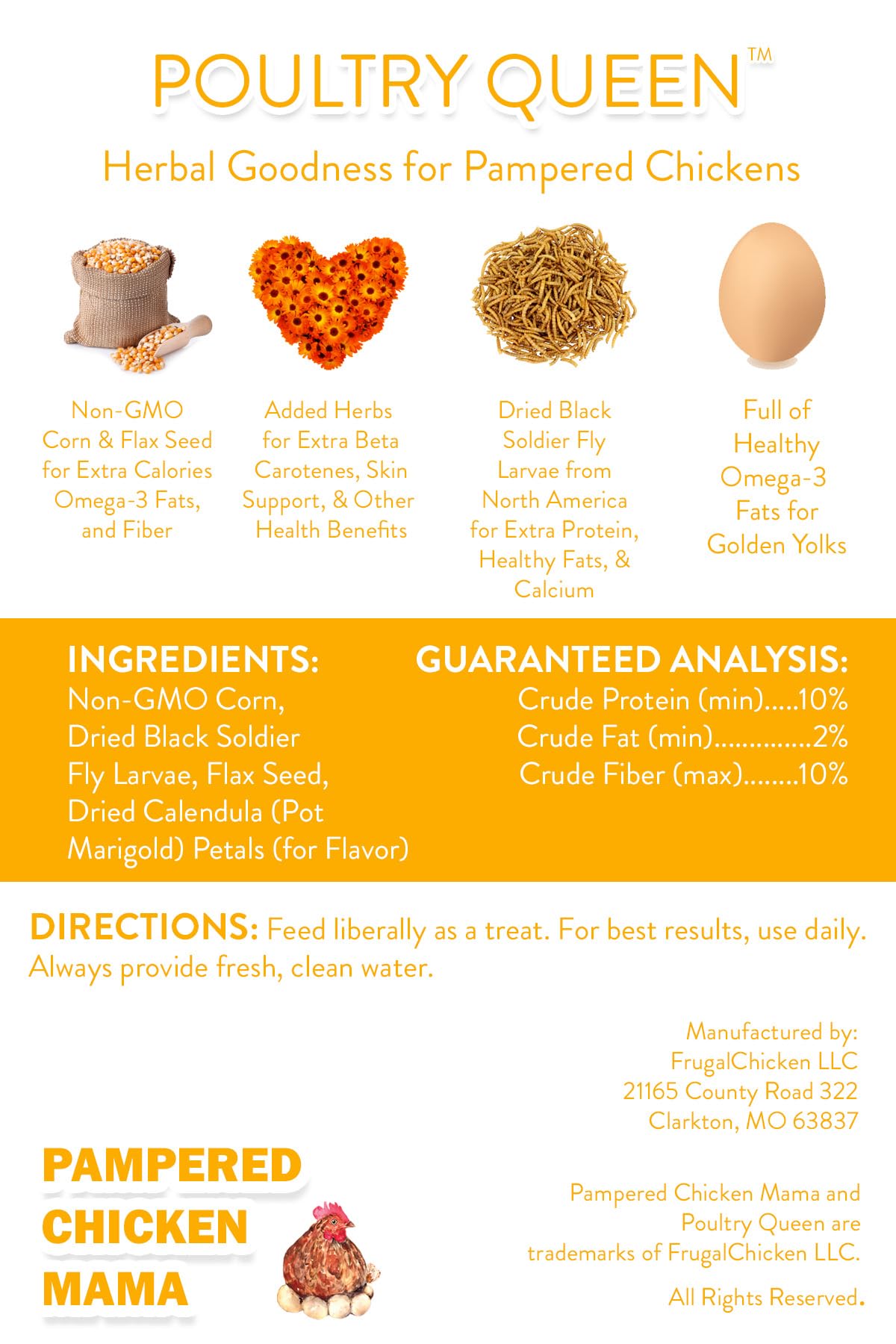 Pampered Chicken Mama Non-GMO Mealworm, Corn, Flax, & Herb Treat for Backyard Chickens, Healthy Layer Feed & Supplies for Pet Chickens Poultry Queen Treat for Hens (3 pounds)
