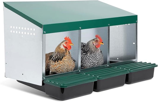 Compact Style 3 Compartment, Forward Rollout & Rollaway, Hen & Chicken Nesting Box with Protective Egg Laying Collection Lids