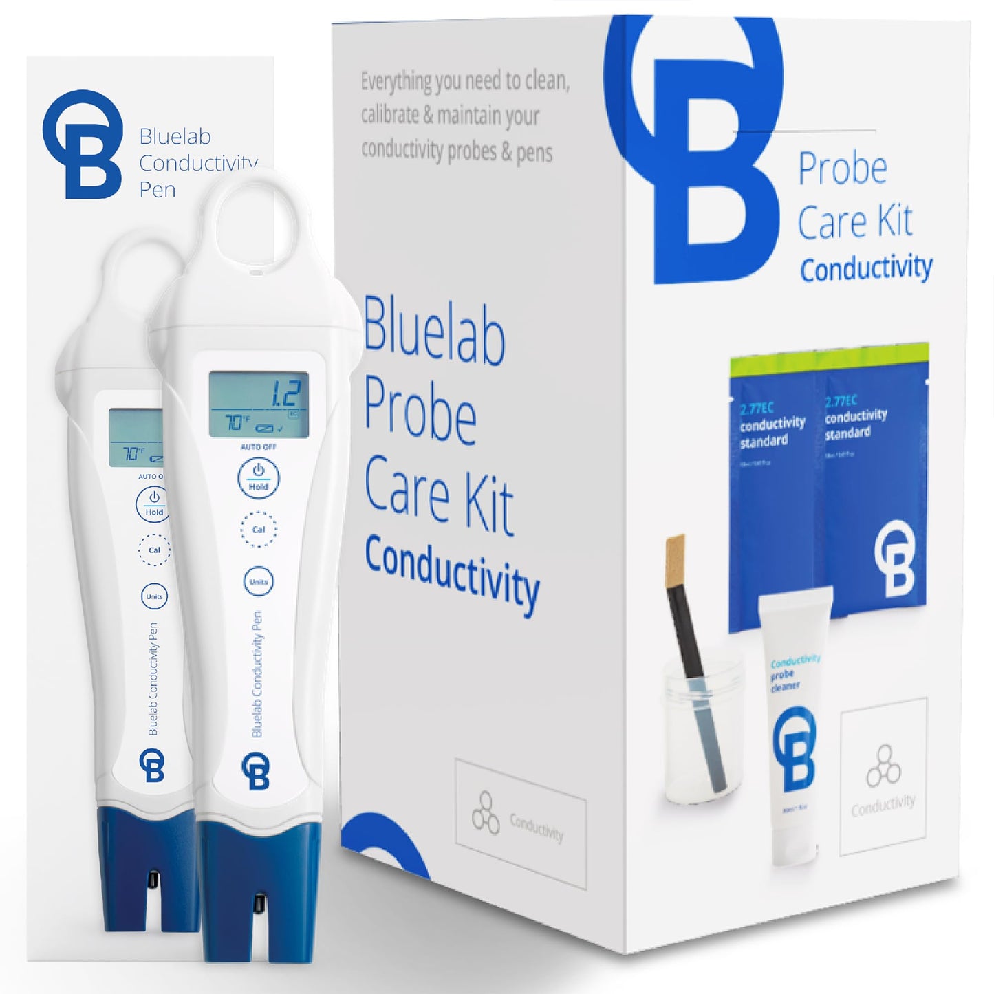 Bluelab Conductivity Pen Meter and Probe Care Kit for Conductivity-Water, Temperature and Nutrient Tester (CF, EC, PPM 500/700) with EC Solution and Cleaner for Hydroponics and Indoor Growing
