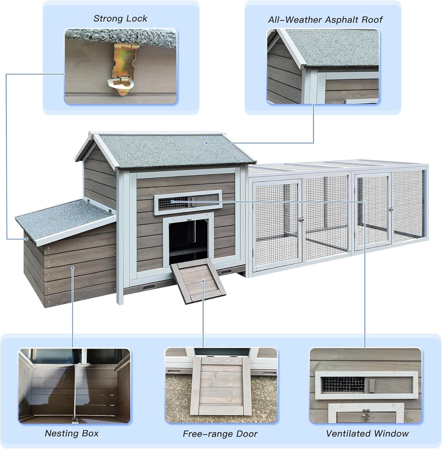118" Large Chicken Coop with Run & Nesting Box, Outdoor Wooden Poultry House for 2-6 Chickens, UV-Resistant Waterproof Roof, Removable Tray, Sliding Door & Ramp, Rabbit Hutch, Backyard Hen House