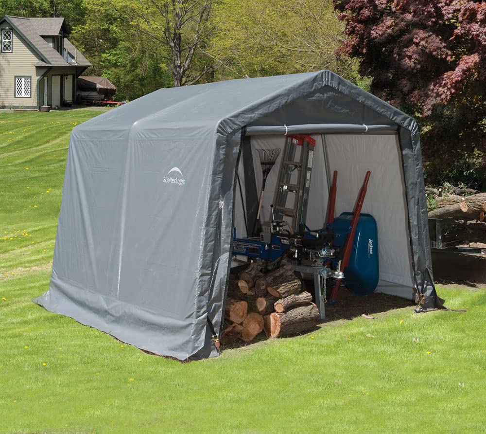 ShelterLogic 10' x 10' Shed-in-a-Box All Season Steel Metal Peak Roof Outdoor Storage Shed with Waterproof Cover and Heavy Duty Reusable Auger Anchors, grey