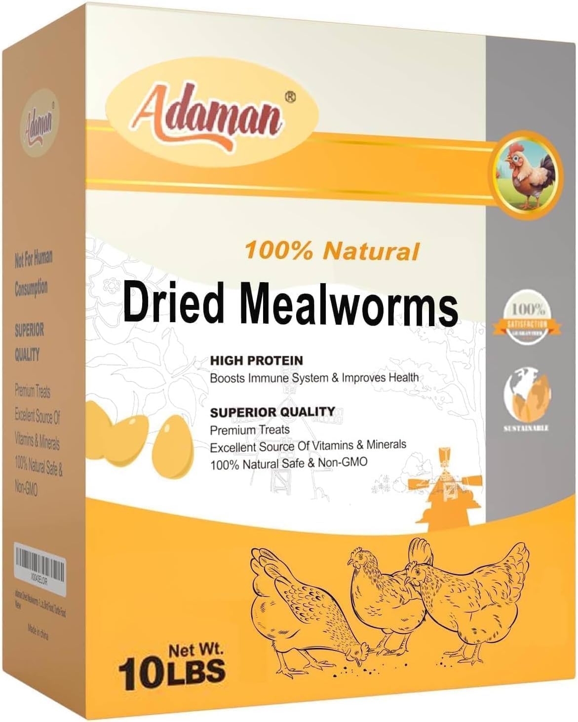 Adaman Dried Mealworms -10 LBS- 100% Natural Non GMO High Protein Mealworms - Bulk Meal Worms for Chickens & Birds, Ducks - Best Chicken Treats, Bird Food, Turtle Food