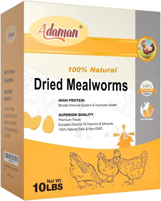 Adaman Dried Mealworms -10 LBS- 100% Natural Non GMO High Protein Mealworms - Bulk Meal Worms for Chickens & Birds, Ducks - Best Chicken Treats, Bird Food, Turtle Food