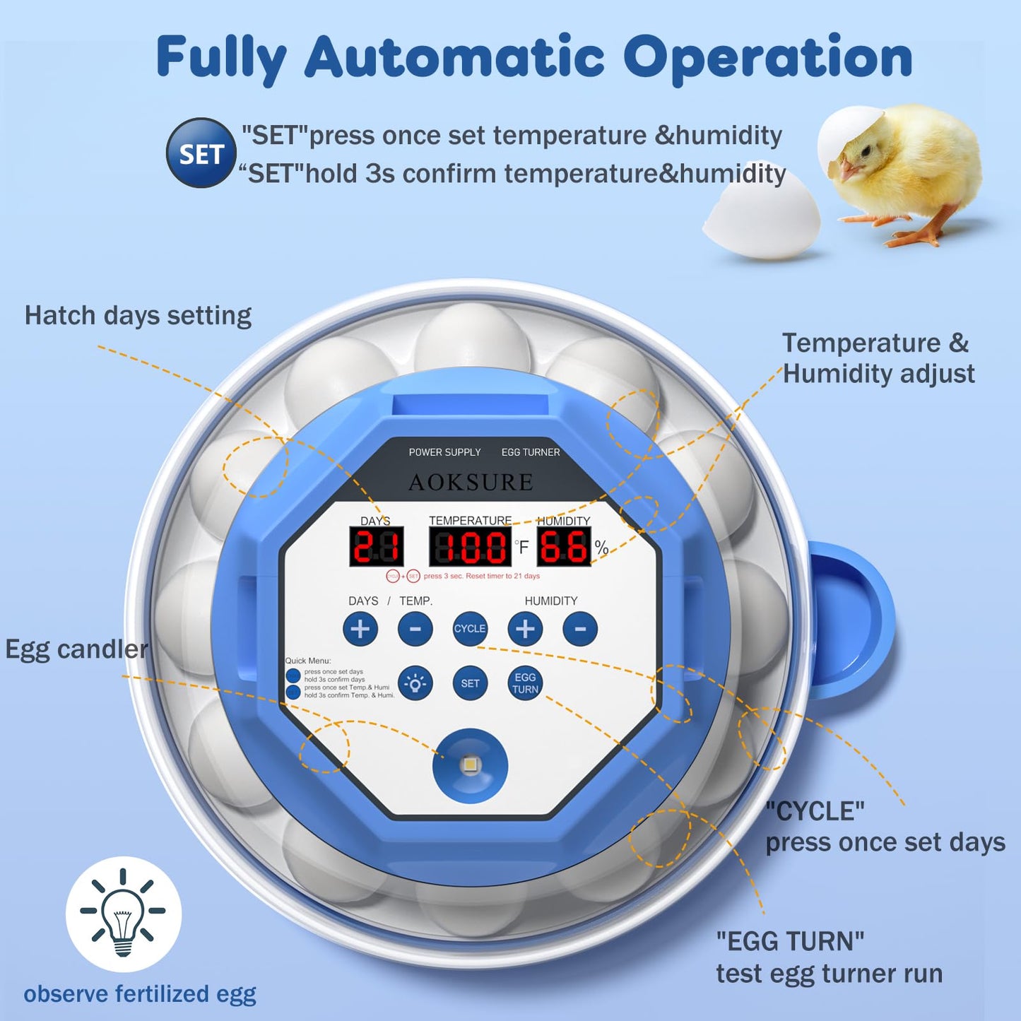 Incubator for Hatching Eggs12-24 Egg Capacity, Automatic Egg Turner, Temperature & Humidity Control, 360° Viewing for Chicken, Duck and Quail Eggs, Birds (Built-in Candler & Quiet Design)