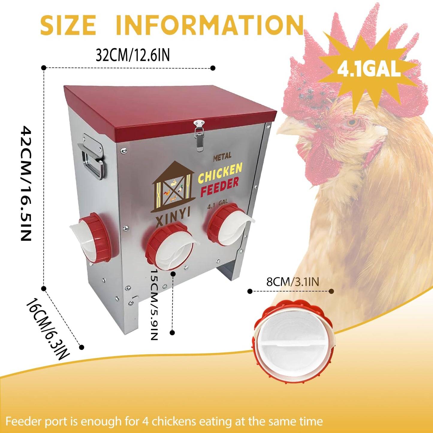 Automatic Chicken Feeder 4 Ports 25lbs Metal Poultry Pro Feeder No Waste Rodent Proof Weatherproof Chicken Food Dispenser System 4.1 Gallon