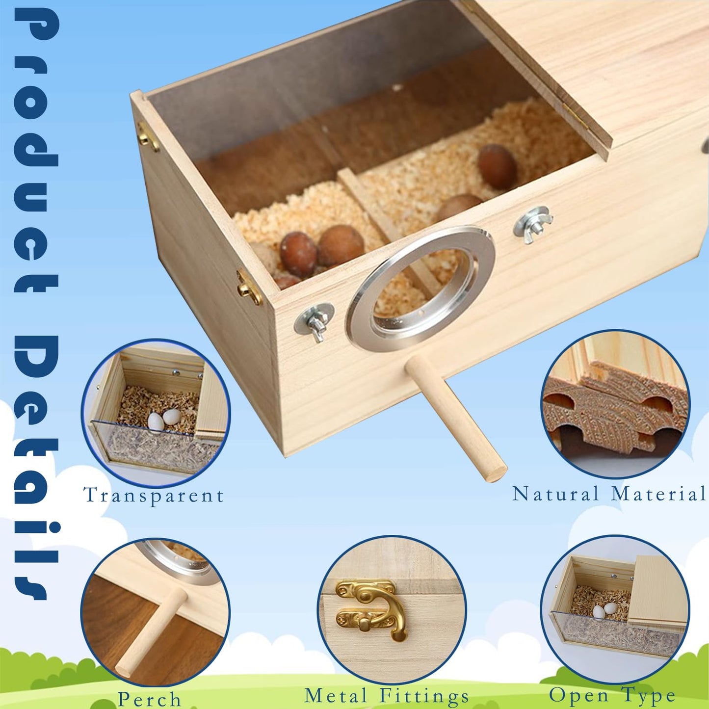 Parakeet Nesting Box, Transparent Parrot Breeding Box with Perch Wood Bird Cage House for Cockatiel Lovebirds Budgie Conure Canary M