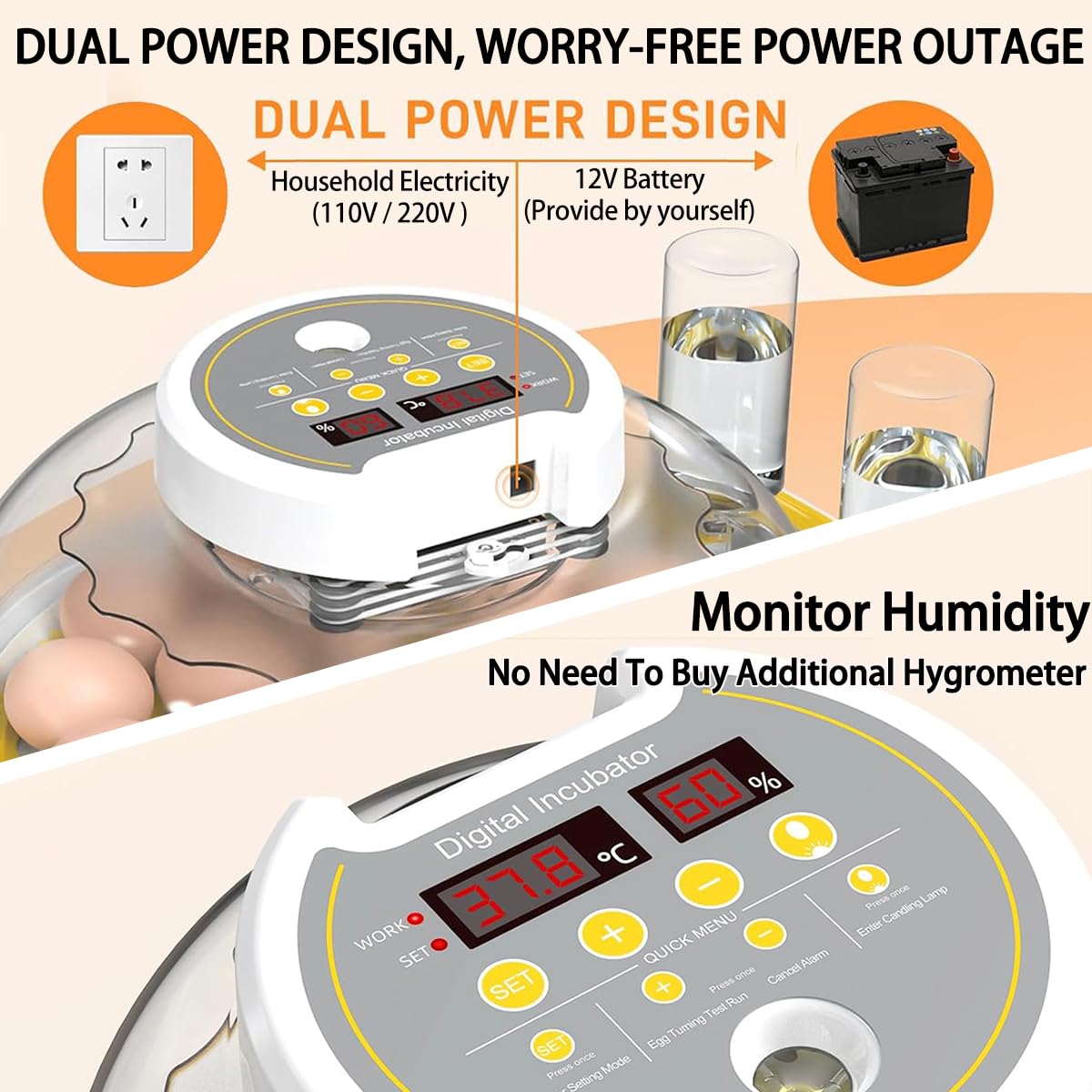 DEZHXHE 18/60 Incubator for Hatching Eggs, Egg Incubators with Humidity Display, Egg Candler, Automatic Egg Turner, Poultry Egg Incubator for Hatching Chicken Duck Goose Bird Quails- Yellow