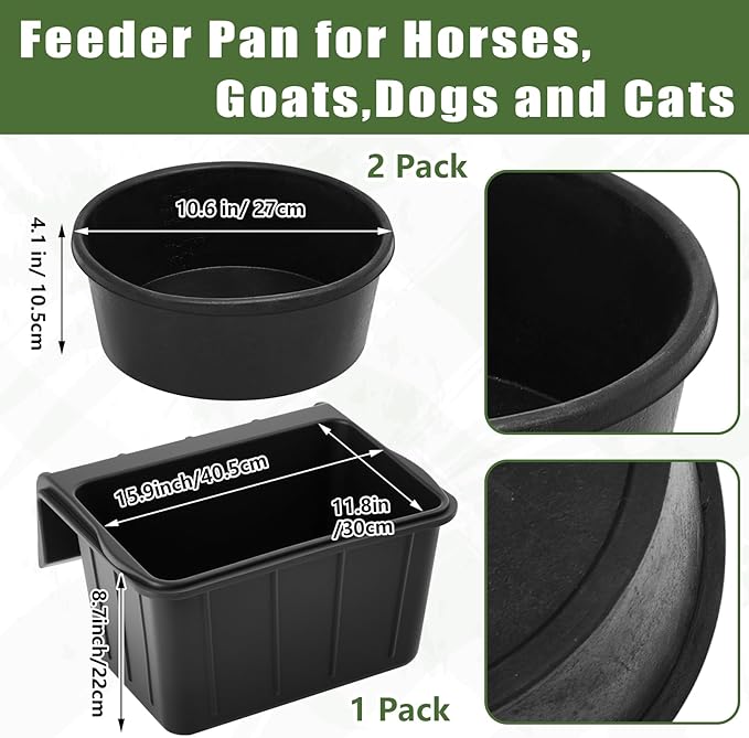 Marsui 3 Pcs Rubber Feed Pan for Horses, 17 Quart Hanging Feeder and 4 Quart Feed Pan Bucket Water Trough Bowl for Horses Dogs Goat Indoor Outdoor Farm Animal