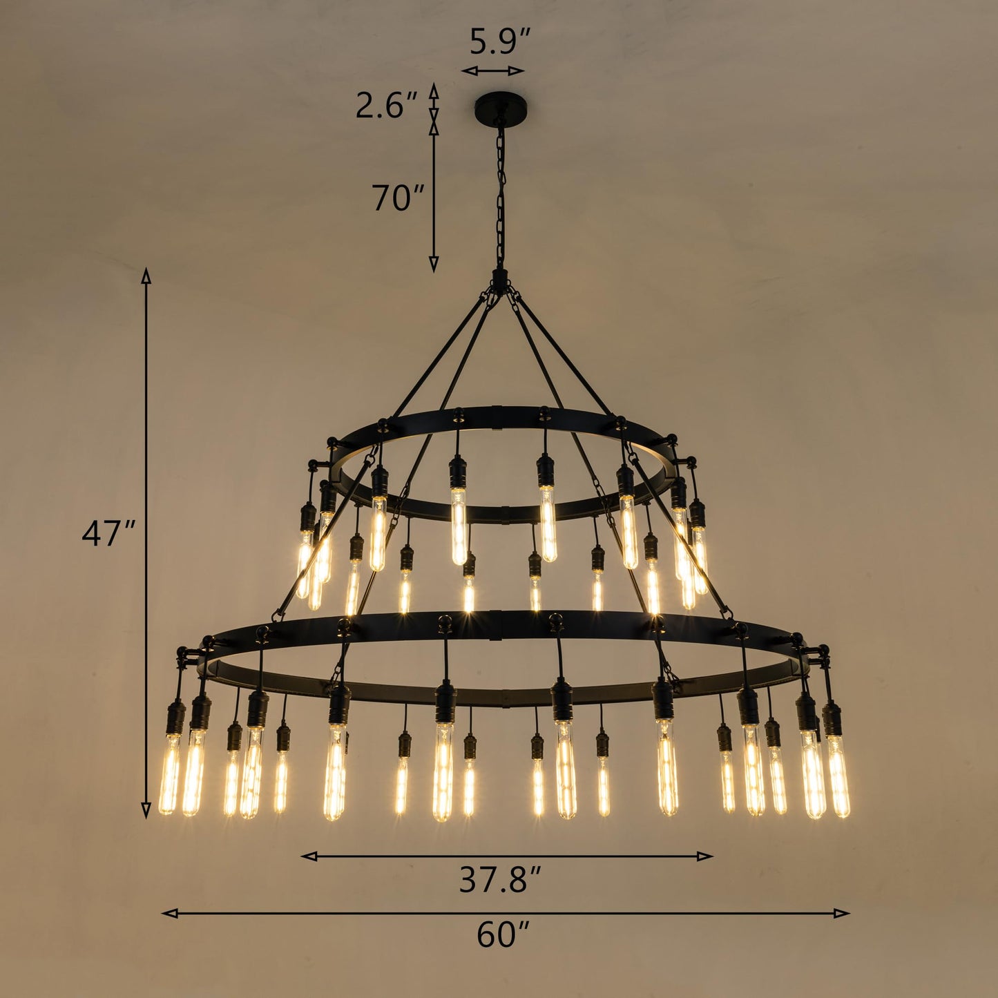 TOCHIC Black Chandelier Light Fixture, 60" W Farmhouse Round Wagon Wheel Chandelier for High Ceiling Dining Living Room, 40 Lights Vintage Industrial Large Hanging Chandelier for Foyer Kitchen lsland