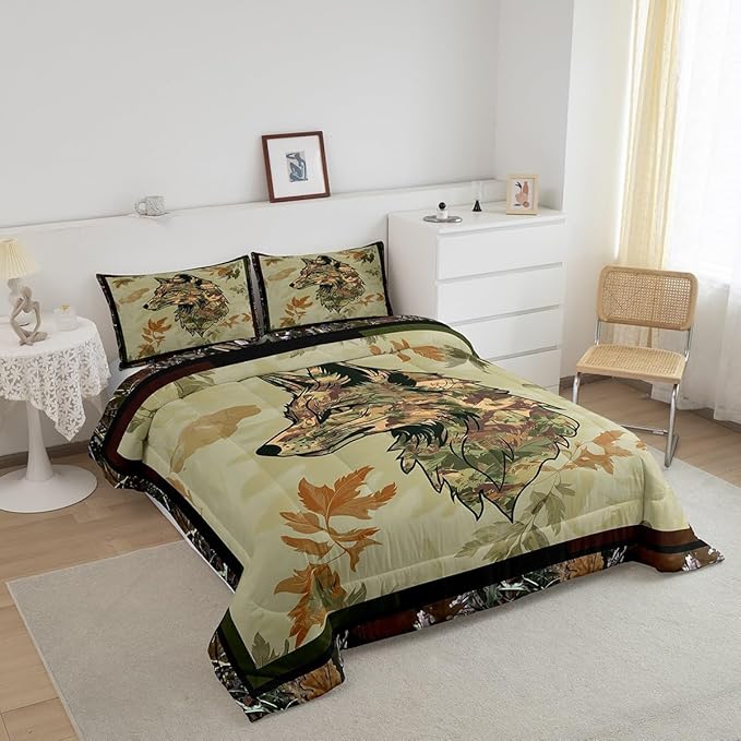 Wolf Bedding Set Twin For Boys Woodland Camo Hunting Comforter Set Army Green Tree Branches Camouflage Wild Animal Quilt Comforter For Adults Men,Botanical Leaves Rustic Duvet 1 Pillow Case