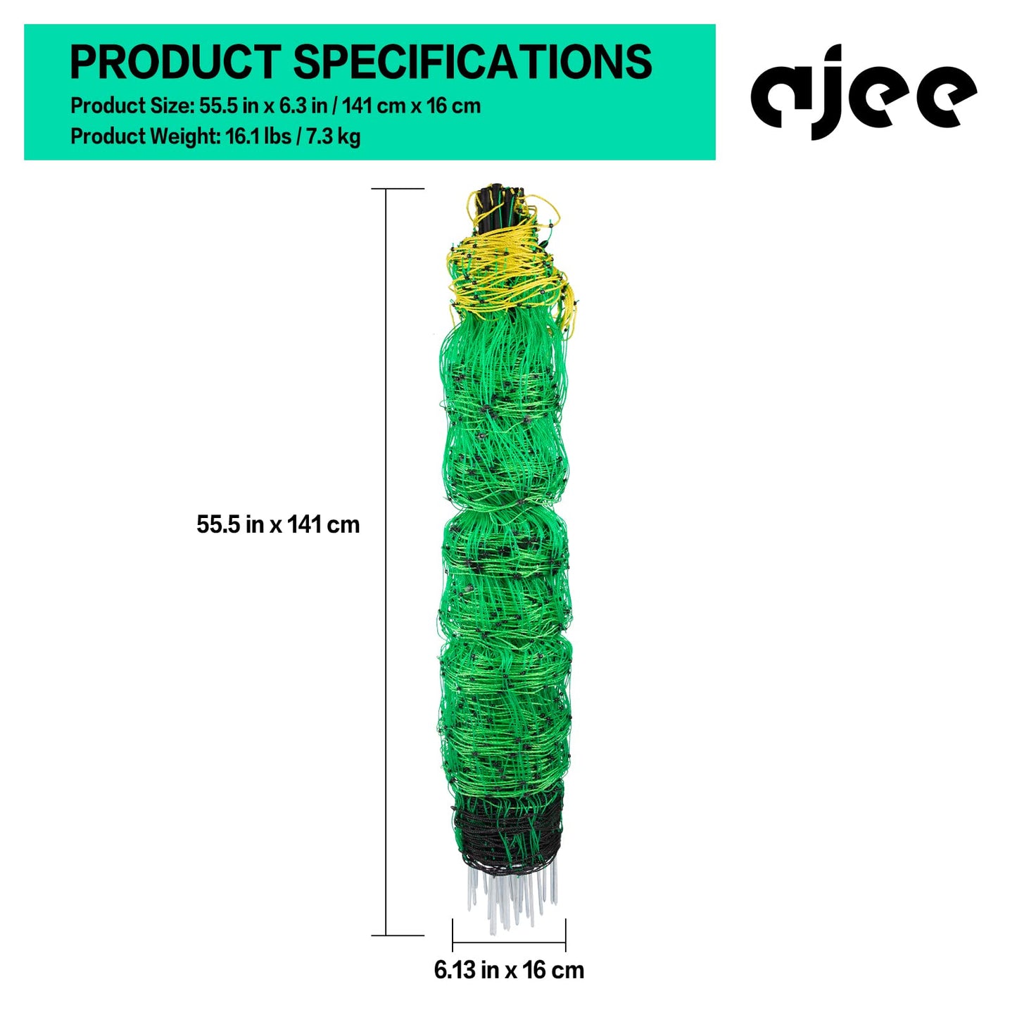 Electric Fence Netting, 49.6" H x 164' L, PE Net Fencing Kit with 14 Posts Double Spiked, Utility Portable Mesh for Sheep Goats Deer Hogs Dogs Lambs Used in Backyards Farms and Ranches, Green