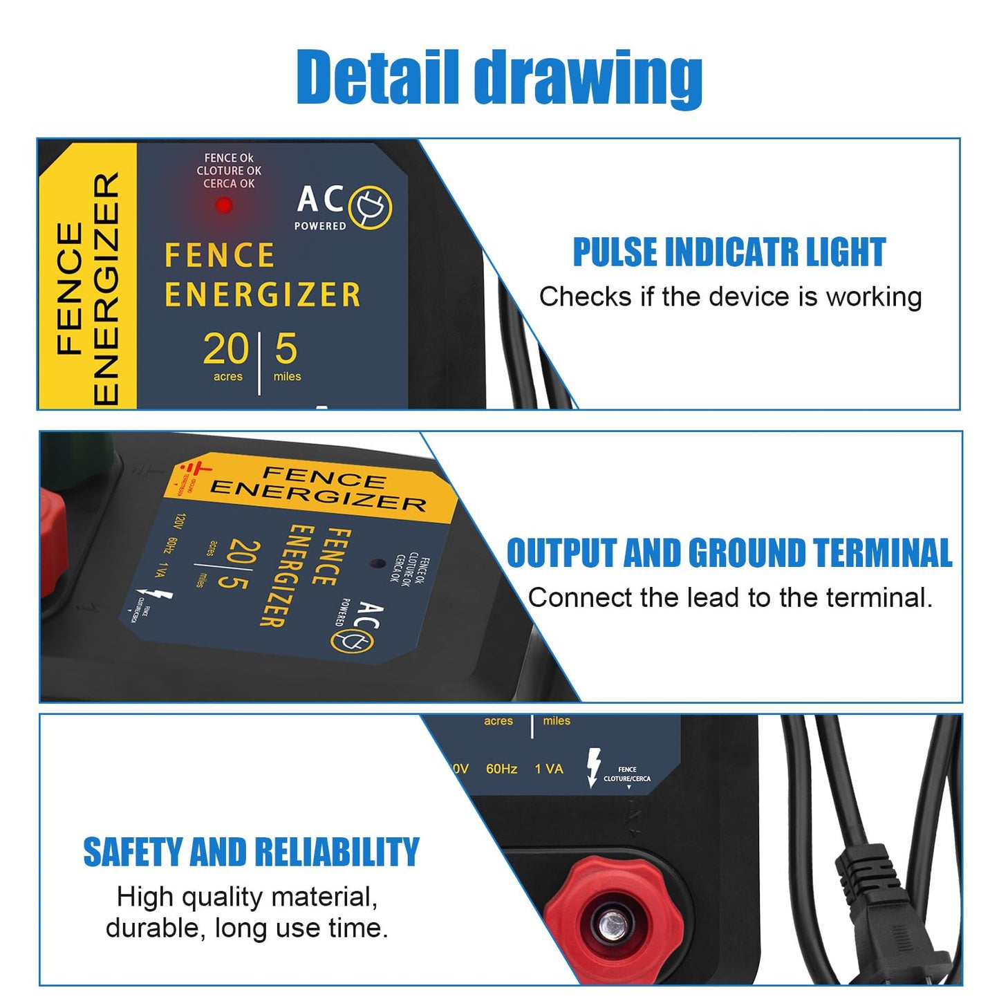 Electric Fence Charger, 5 Mile Plug in Electric Fence Energizer, for Preventing to Prevent Bears, Raccoons, Skunks Intruding