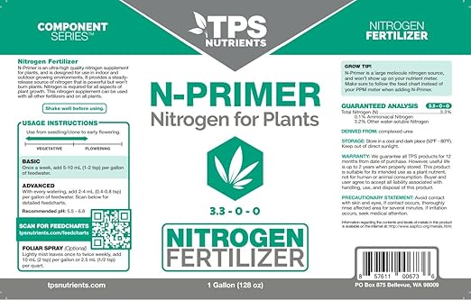 TPS NUTRIENTS N-Primer Nitrogen Supplement for Fast Vegetative Growth, Promotes Dark Green Leaves Gallon (128 oz)