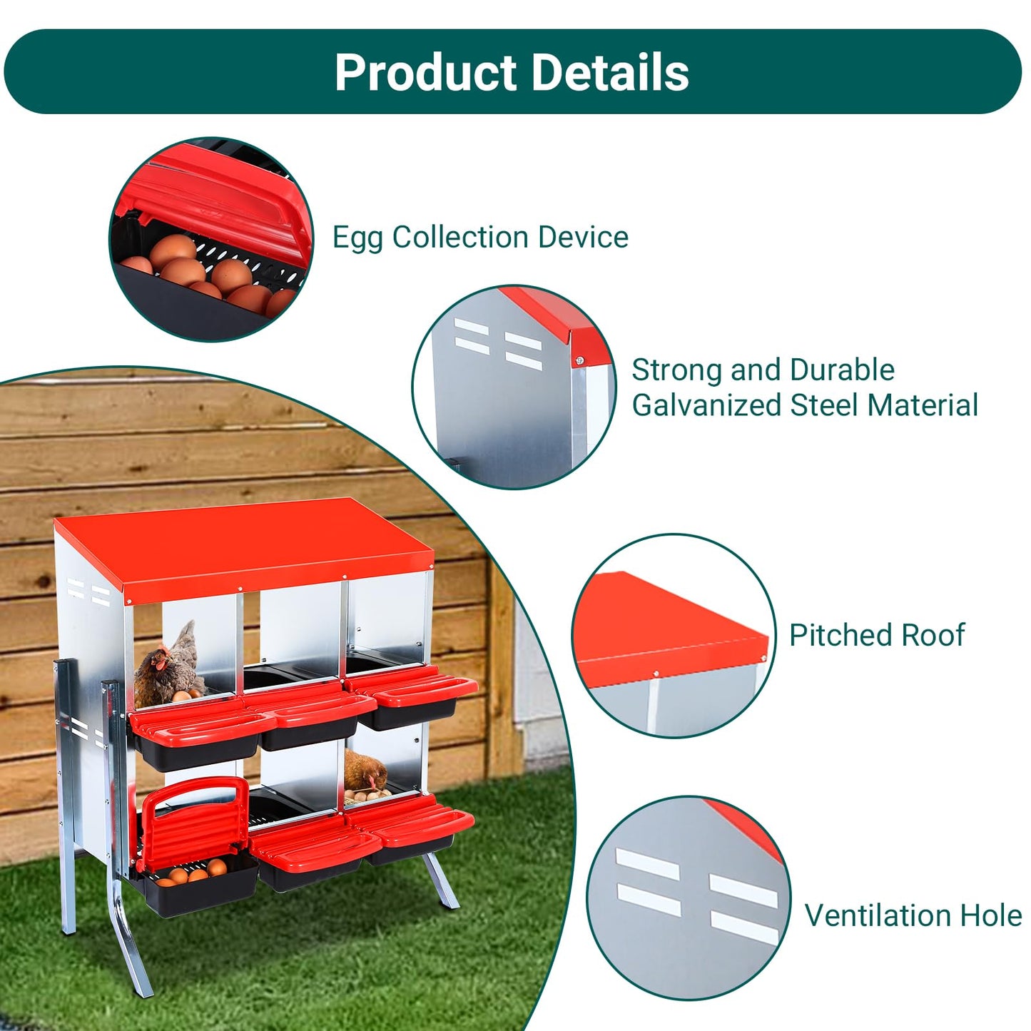 GarveeLife Nesting Boxes for Chickens, 6 Holes Chicken Nesting Boxes with Legs, Chicken Laying Box with Lid Cover, for Outdoor Chicken Coop Farm Yard, Red