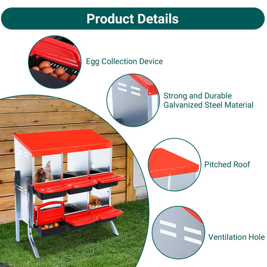 GarveeLife Nesting Boxes for Chickens, 6 Holes Chicken Nesting Boxes with Legs, Chicken Laying Box with Lid Cover, for Outdoor Chicken Coop Farm Yard, Red