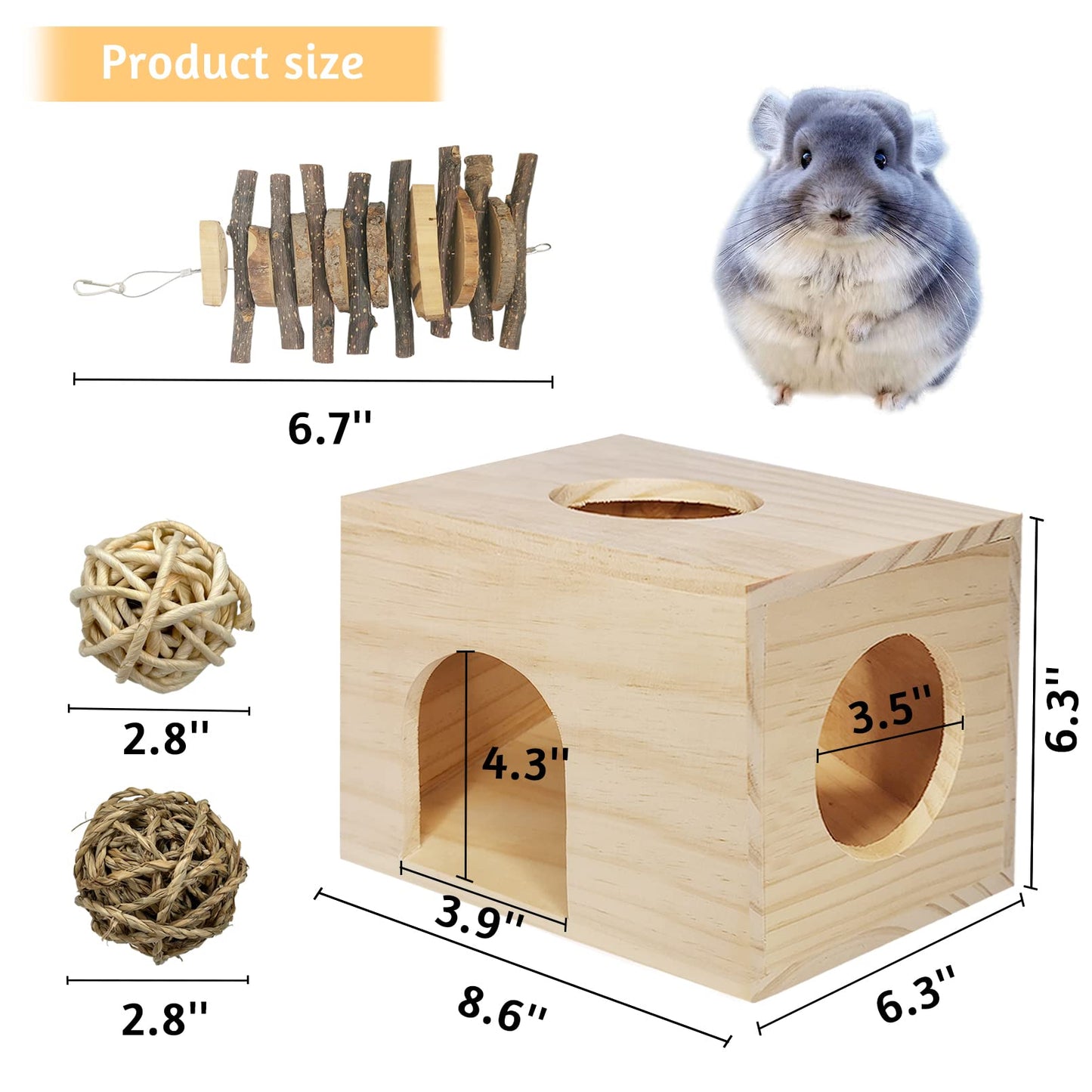 Fhiny Guinea Pigs Wood House Chinchilla Hut Hideout Natural Wood Multiple Doors Small Animal Chewing Molar Activity Toys Hamsters Habitat Cage for Hedgehog Squirrel Sugar Gliders