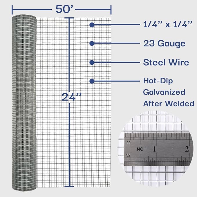 Hardware Cloth 1/4 in. x 2 ft. x 50 ft. 23-Gauge, Chicken Wire Fencing, Wire Fence Roll, Garden Fencing, Wire Cloth, Snake Fencing, Hardware Mesh, Wire Mesh Fence