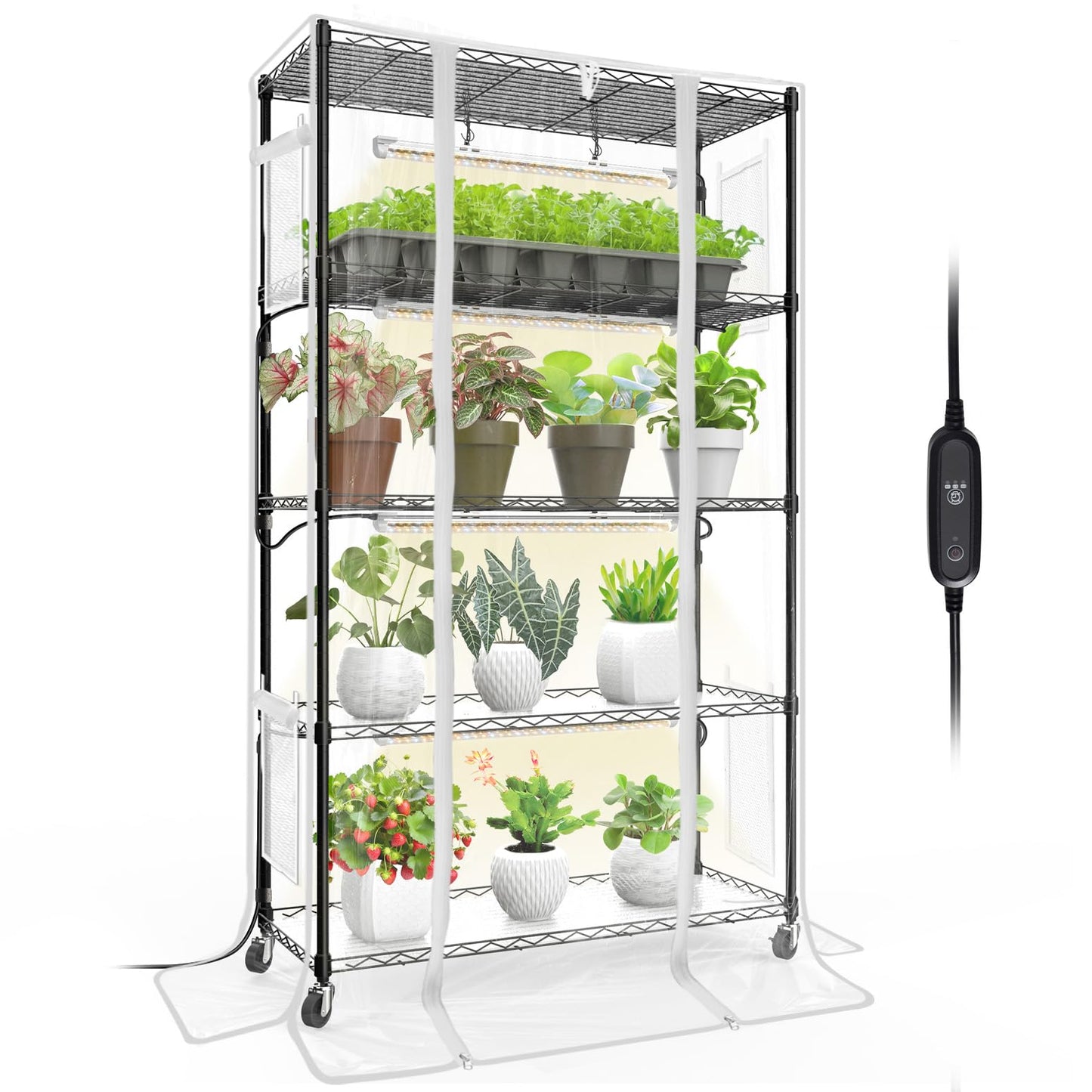 Bstrip Indoor Greenhouse with Grow Light, Mini Green House with 4 Pack 24W Full Spectrum Plant Lights with Timer, Plant Shelf with Tent for Indoor Plant, Seed Starting, Seed Tray, 35.4"x13.8"x59"