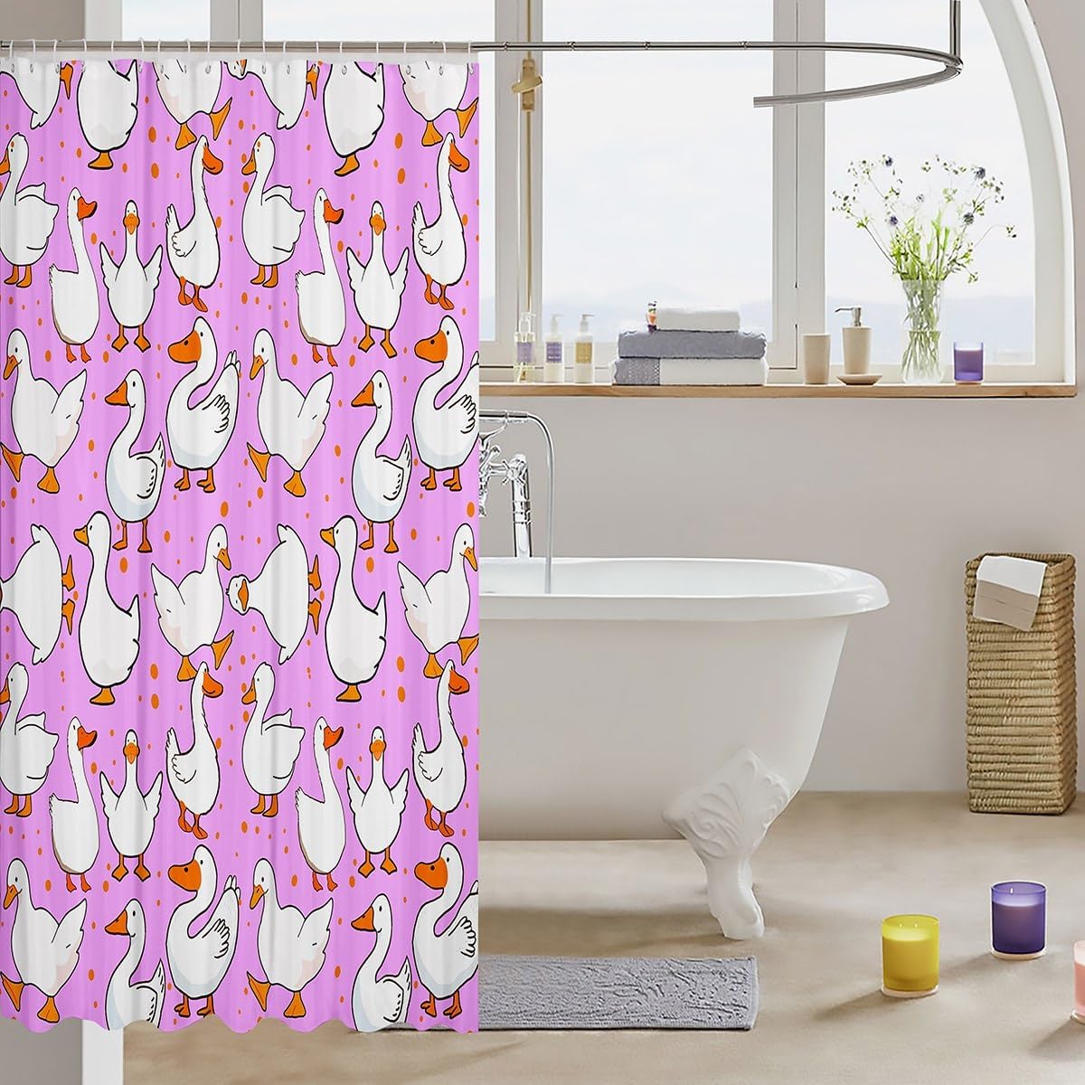 Homewish Cute Goose Shower Curtains,Cartoon Farmhouse Livestock Animal Bath Curtain,Kawaii Duck Hand Drawn Purple Waterproof Fabric Curtain with Hooks Bathroom Decor, 72Wx72L inch