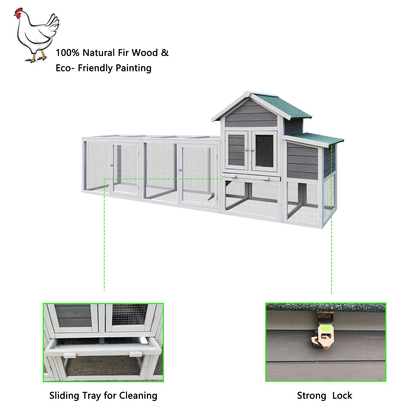 123'' Large Chicken Coop with Run, Wooden Hen House for 3-5 Chickens, Outdoor Chicken Run Poultry Cage Rabbit Cage Duck House with Nesting Box, Ramp & Pull-on Tray