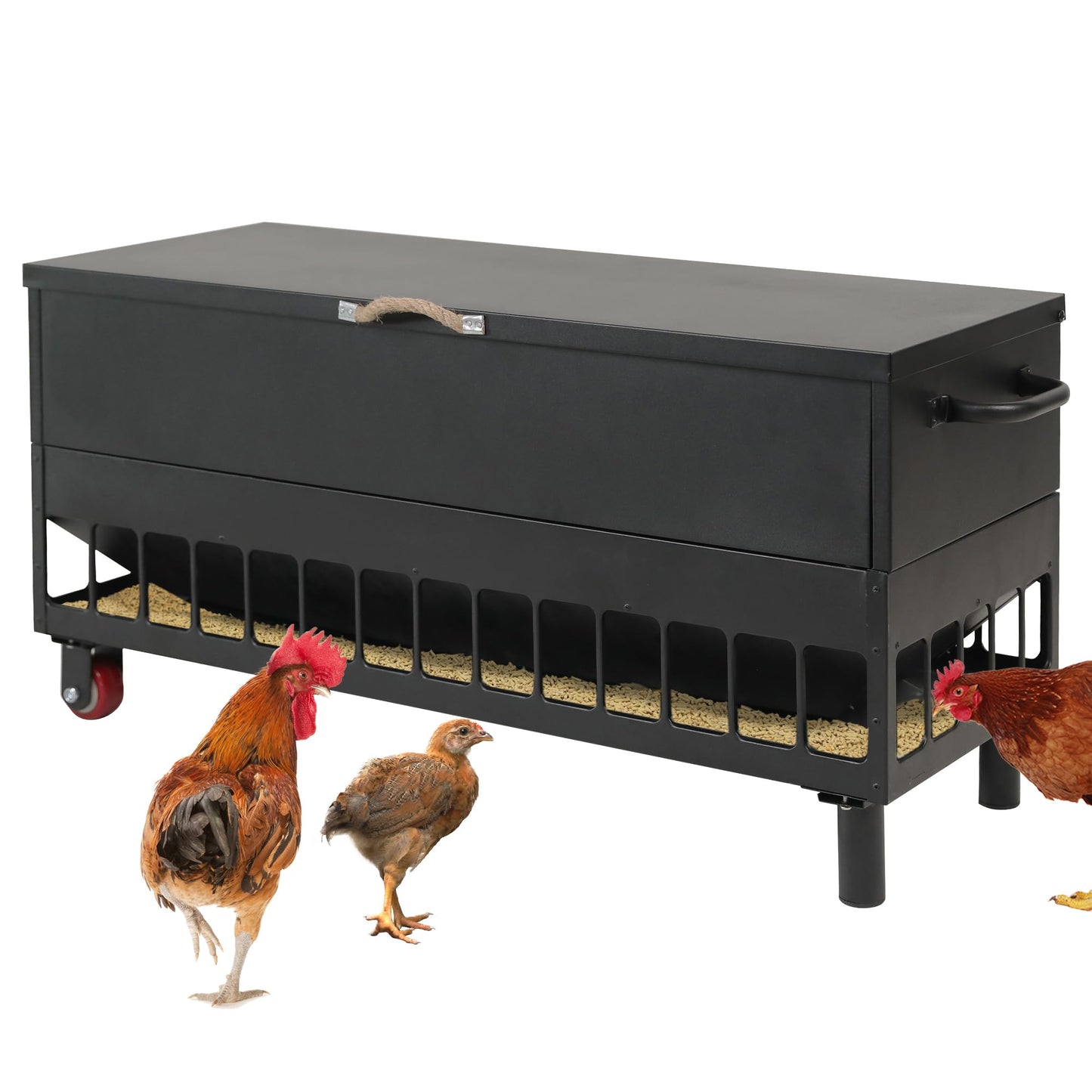 Solution4Patio 120LB Large Free Standing Chicken Feeding Barrel, Metal Poultry Feeder Set, Hen Coop, 38 Feeding Ports Portable Gravity Chicken Feeder
