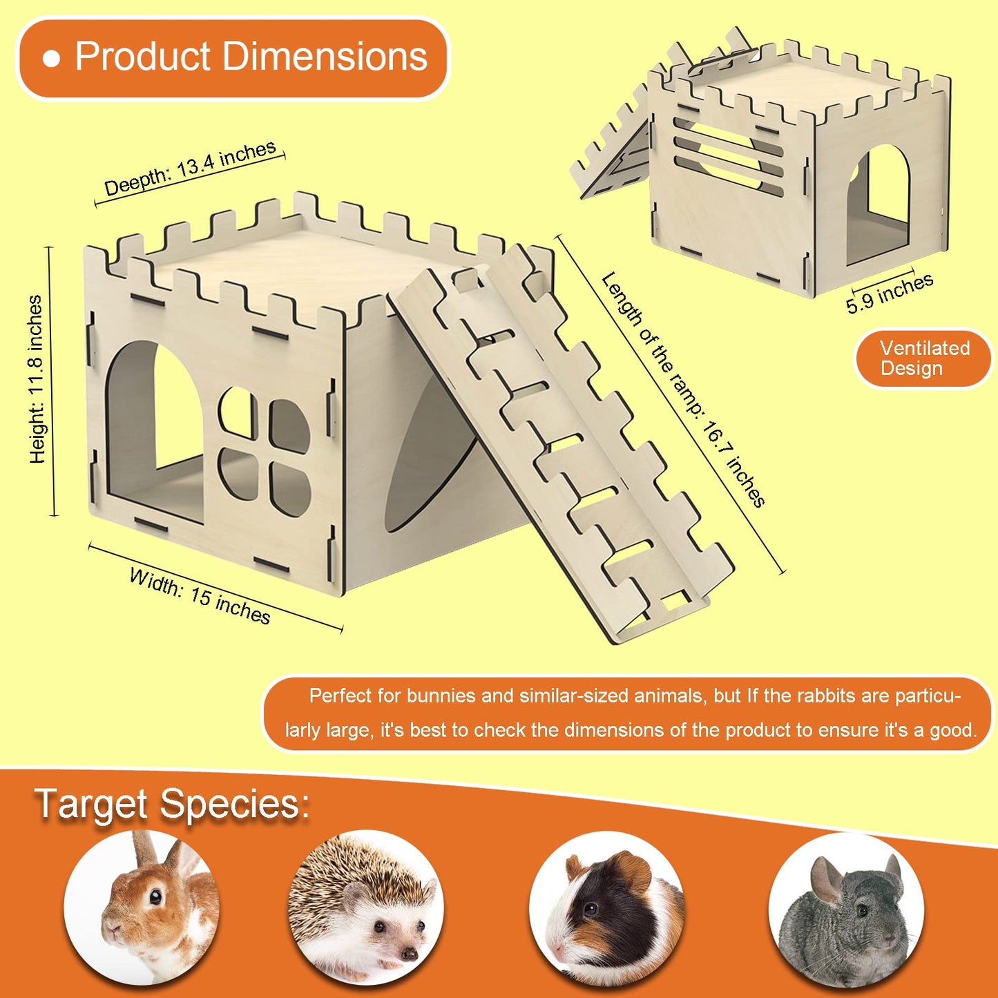 HIIMALEX Extra Large Sturdy Bunny Castle Hideout for Indoor Rabbits Play House with Stairs Round Edges Detachable Habitats for Rabbit Guinea Pig Chinchilla Hedgehog
