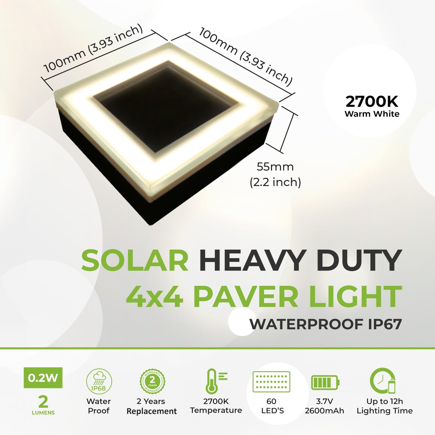 LUMENGY Solar Paver Light 4×4 inch, Up to 12 Hours Continues Lighting, Stainless Steel, Glare-Free Lighting for Driveways & Garden, 2700K Warm White, Waterproof & Drive-Over Rated (6-Packs)