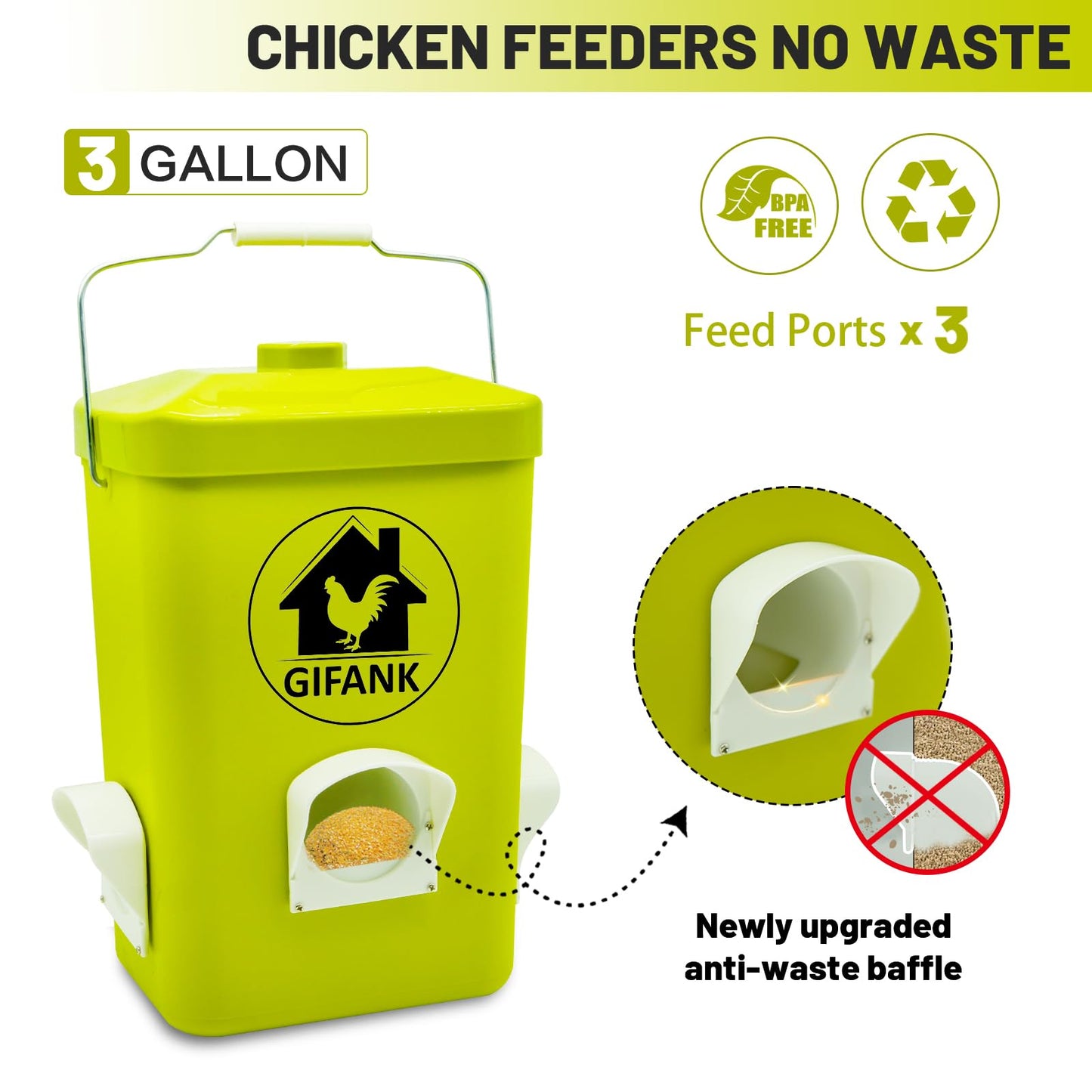 GIFANK Chicken Feeder and Waterer Set,3 Gallon Automatic Chicken Feeder No Waste,Hanging Poultry Waterer Feeder Kit with Chicken Waterer Nipples and Feeding Ports,Chicken Coop Accessories