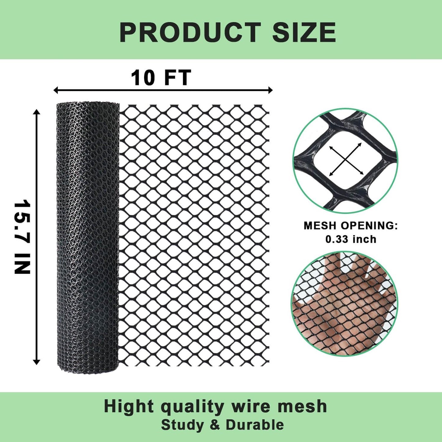 vensovo Black Plastic Wire Mesh 15.7IN x 10FT Roll - Chicken Wire Fencing for Poultry, Gardening Barrier, Balcony Guard for Cats and Dogs, Floral Craft Mesh with 20 Zip Ties