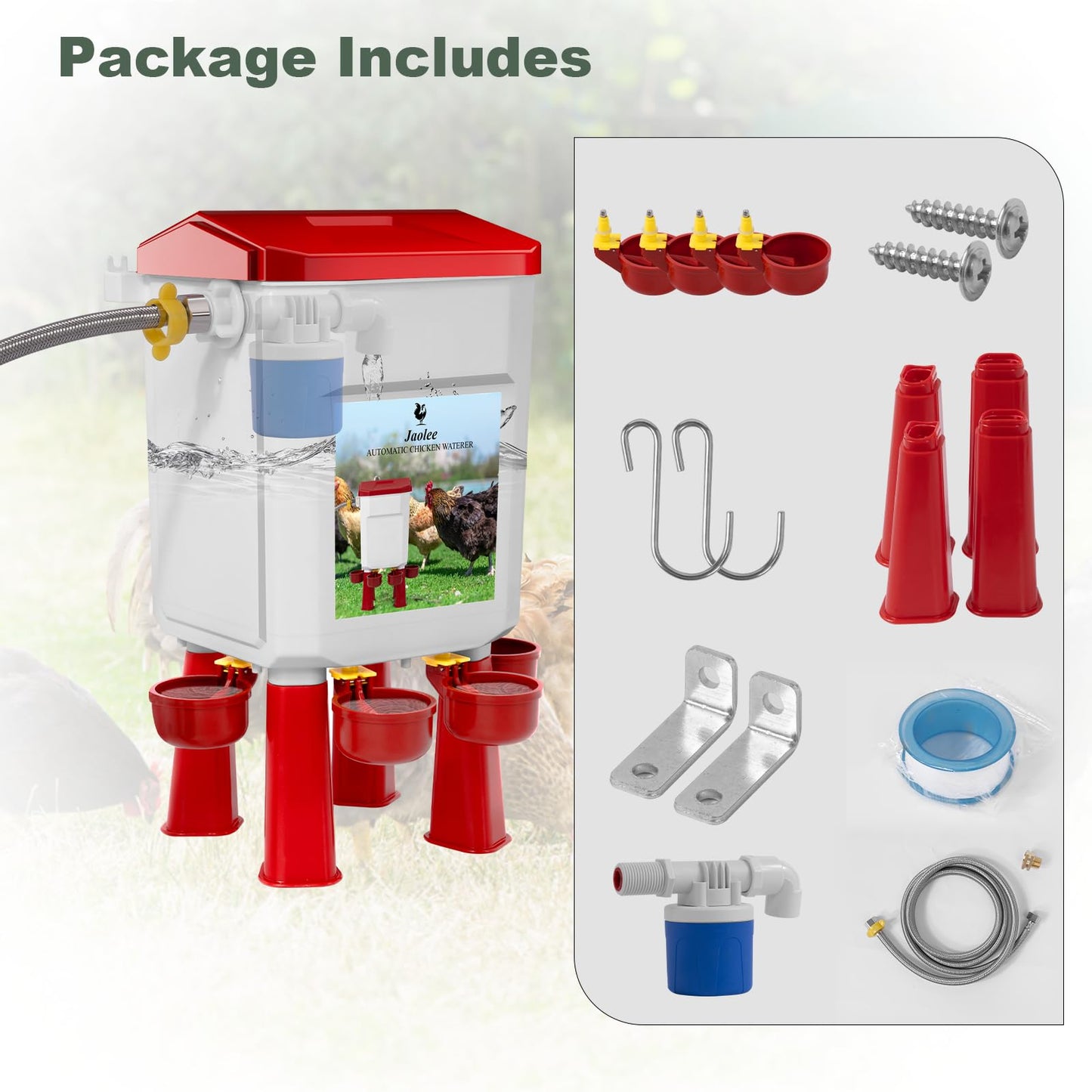 Automatic Chicken Waterer, Float-Controlled Chicken Water Feeder, Large Watering System with 60 Inch Water Hose (One End 3/4''), Poultry Waterer for Duck Quail Turkey Chick (2 Gallons, Red)