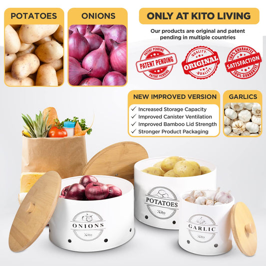 Kito LIVING Canister Sets for Kitchen Counter with Wooden Bamboo Lids, Kitchen Canisters for Countertop, Stackable Steel Farmhouse Canisters for Potato Storage, Onion and Potato Storage Bins - White