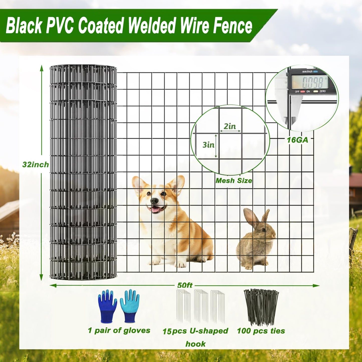 YAGJIA Welded Wire Fence 36inch x 50ft, Black PVC Coated Garden Fencing, 2 inch x 3inch 16Gauge Chicken Wire Fence Roll, Anti-Rust Metal Fencing for Yard Plant Protection Poultry Netting