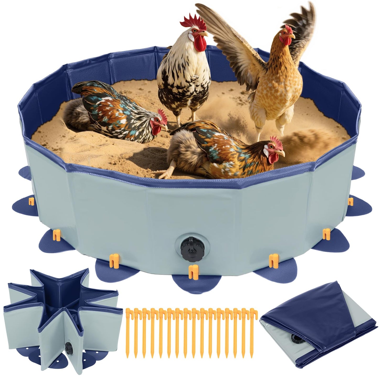 Chicken Dust Bath Tub, 31.5'' D * 7.9'' H Chicken Dust Bath Container with 16 Ground Stakes, Foldable Design, Tough PVC, Dust Bath for Chicks, Chicken House Cleaner Container, Chicken Coop Accessories