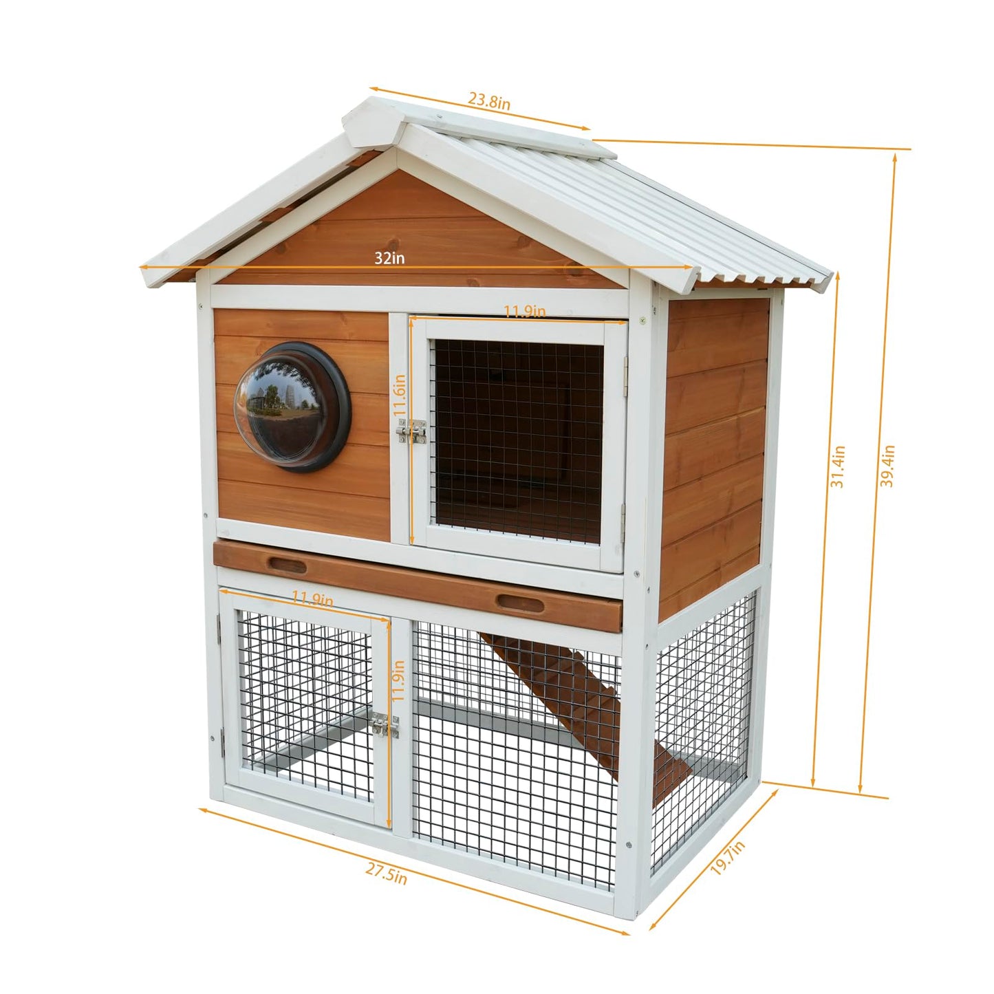 YOPTO 2-Tier Wooden Rabbit Hutch with Waterproof Roof,Outdoor Bunny Cage with Removable Pull-Out Tray,Viewing Window Design for Small Animals,Enclosure for Guinea Pigs & Hamsters,White+Red