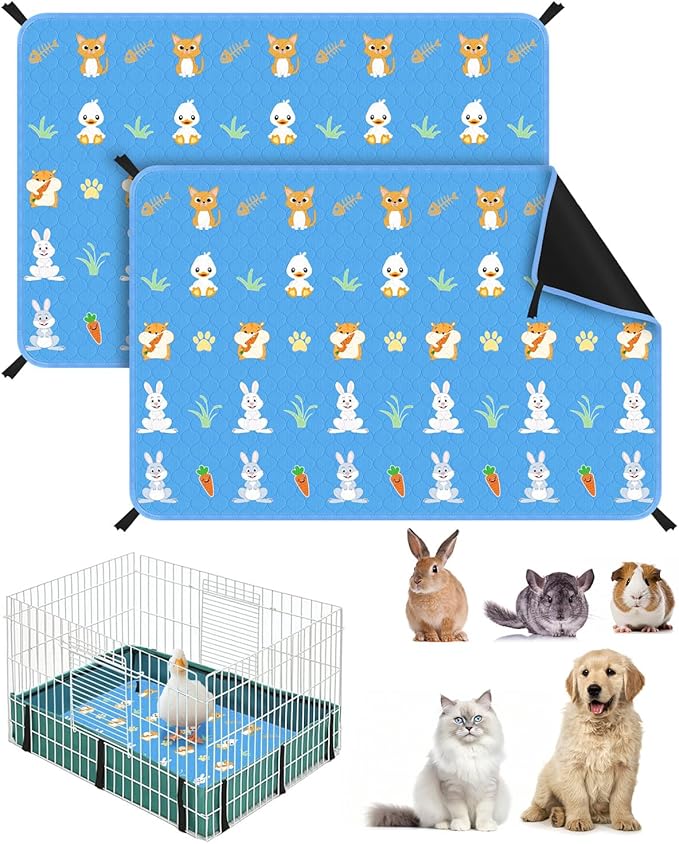 Bissap 2 Packs Guinea Pig Cage Liners, 24''X36'' Washable Guinea Pig Pee Pads Non Slip Reusable Fast and Super Absorbent Bedding for Small Animals Rabbit Hamster Chinchillas Rat - Blue
