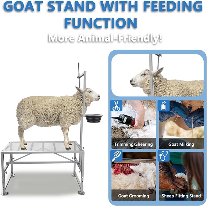 600 LBs Goat Stand with Feed Bin, Goat Milking Livestock Stand for Sheep Trimming and Milking, for Hoof Trimming, with Feeder, Adjustable Size, Iron Silver