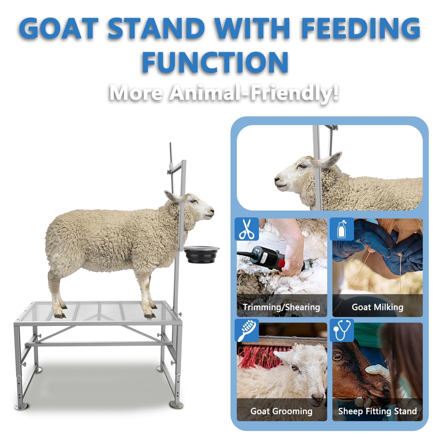Lezbanz 600 LBs Goat Stand with Feed Bin, Goat Milking Livestock Stand for Sheep Trimming and Milking, for Hoof Trimming, with Feeder, Adjustable Size, Iron Silver