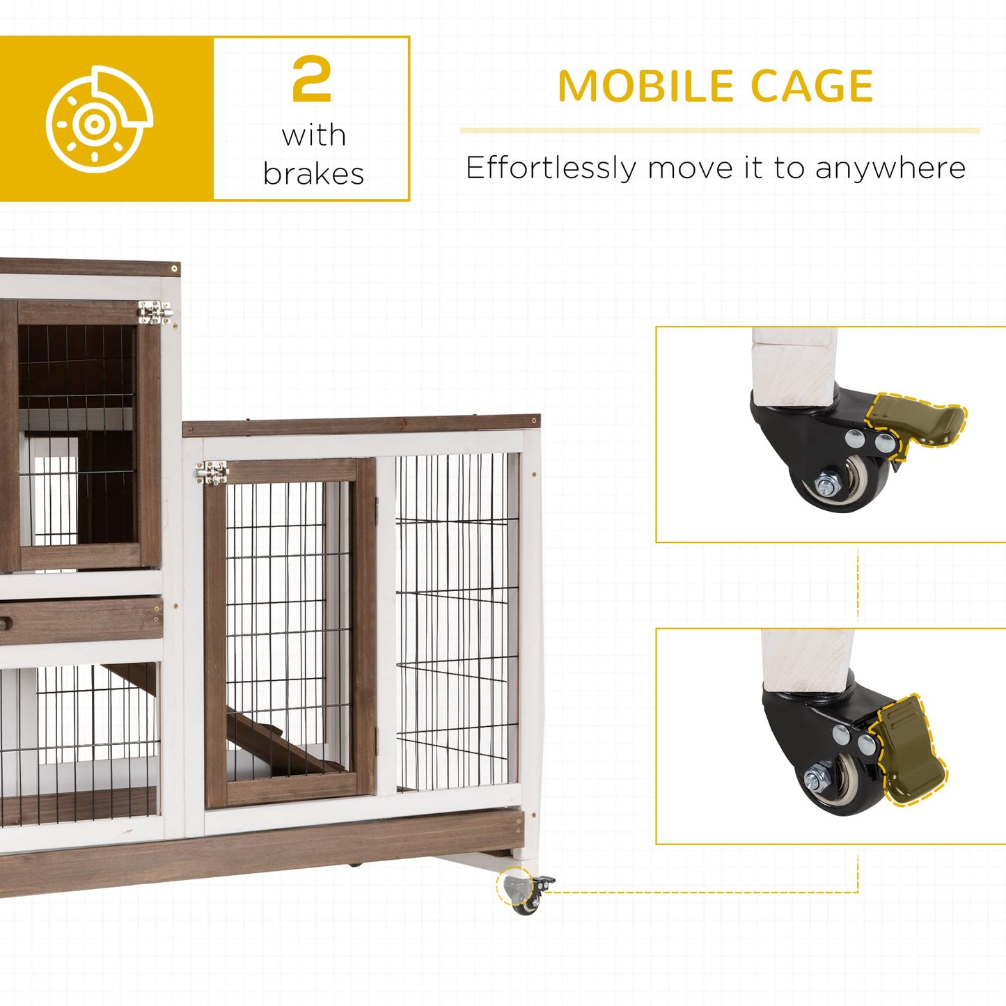 PawHut Wooden Rabbit Hutch Elevated Bunny Cage Indoor Small Animal Habitat with Enclosed Run with Wheels, Ramp, Removable Tray Ideal for Guinea Pigs, Brown