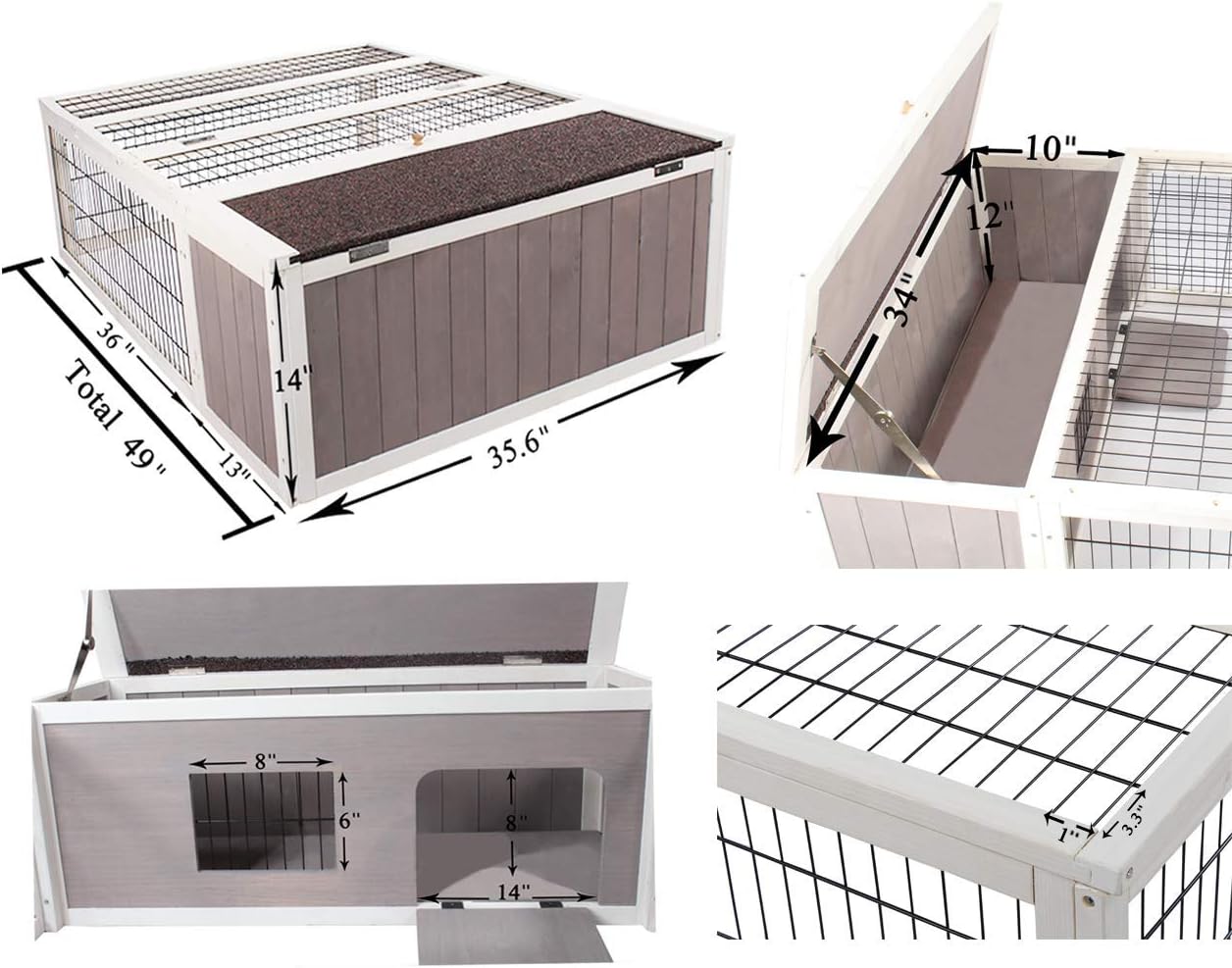 Tortoise House Habitat Wooden, Chicken Coop with Run Rabbit Hutch Small Animal Hutch Enclosure Indoor/Outdoor-Grey + White Trim