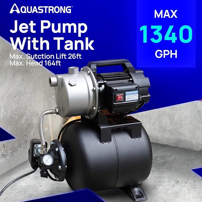 Aquastrong 1.6 HP Shallow Well Pump with Pressure Tank, 1320 GPH, 115V, Stainless Steel Irrigation, Automatic Water Booster Jet Pump for Home, Garden, Lawn