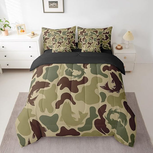 Feelyou Camouflage 7 Pieces Bedding Set King Size Green Camo Hunter Bedding Bed Set Set for Boys Teens Decor Pike Fishing Bed Set Includes Comforter, Sheet Set, Pillowcases Hunting Theme Bedroom