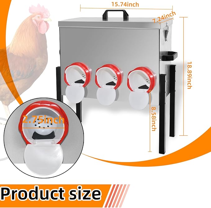 Automatic Poultry Chicken Feeder No Waste Metal Large Capacity 30 lbs Feeders for Chickens Ducks, Geese Bantams Pheasants Coop Weatherproof (6-Port)