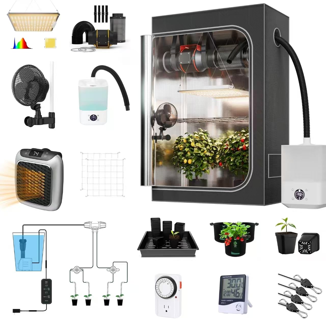 Supergrower 4X2X6FT Height Extra Grow Tent Kits Complete for Indoor Plants,Include Almost Everything for Indoor Plants Growing (LED Light+Tent+ 4" Vent Sets+Grow Tent Humdifier+Heater+Clip Fans)